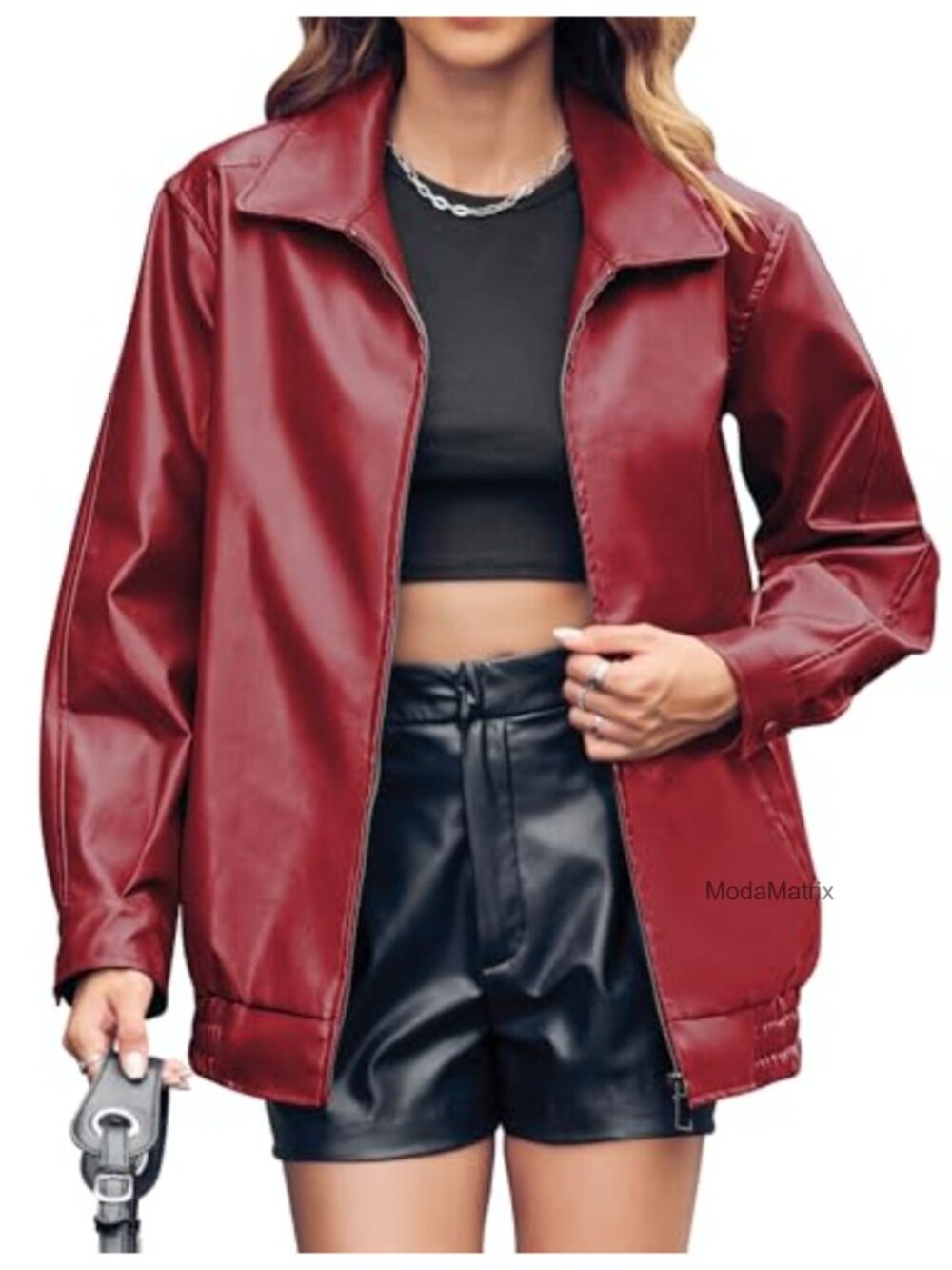 Women Faux Leather Zip Up Bomber Jacket Oversized Water Repellent